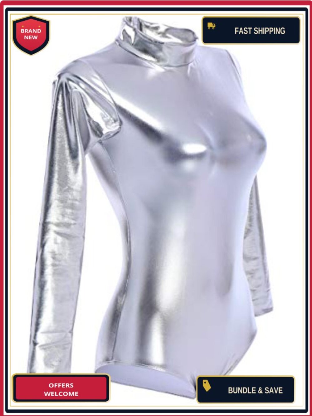 Women's Metallic Liquid Lycra Spandex Long Sleeve Turtleneck Leotard for